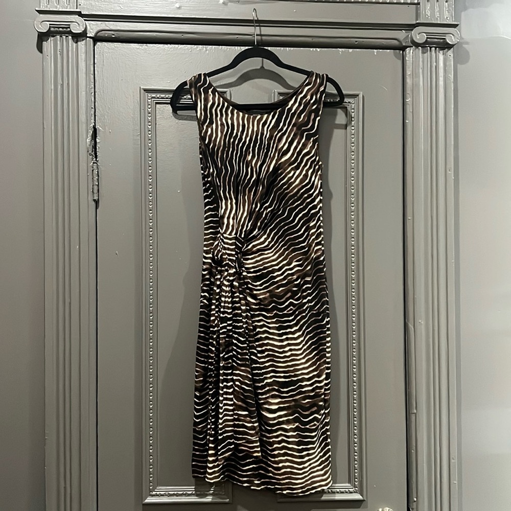 BCBG Max Azria Faux Wrap Dress, Large, Black/White/Brown, Good Pre-Loved